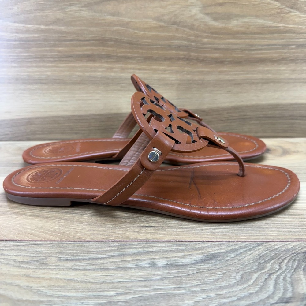 Tory Burch Miller Royal Tan Sandals 9 M Leather Flip Flops Vacation Resort - Picture 5 of 10